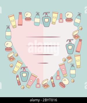 Products and creams for makeup. Cosmetics - bottles, tonic and lotion, lipstick, nail polish, eye shadow and a small mirror and sea shells. In the Stock Vector