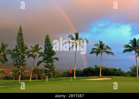 Rainbow over golf green  and palm trees of Kona Country Club Ocean Course (property released) in Kona, Hawaii Stock Photo