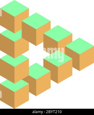Impossible triangle in three different colors. 3D cubes arranged as geometric optical illusion. Reutersvard traingle. Vector illustration. Stock Vector