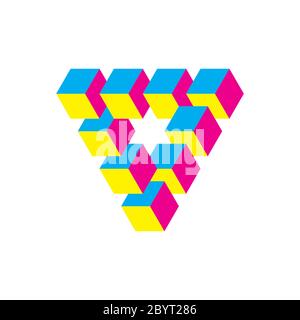 Impossible triangle in CMY colors. Cubes arranged as geometric optical illusion. Reutersvard traingle. Vector illustration. Stock Vector