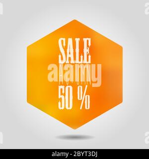 Vector autumn sale icon in hexagonal shape. Orange gradient mesh hexagon with rounded corners and white text label and numbers on grey background with shadow. Stock Vector