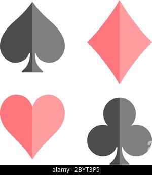Poker card suits - hearts, clubs, spades and diamonds - on white background. Casino gambling theme vector illustration. Black and red shapes with simple glossy effect. Stock Vector