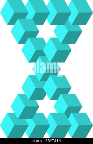 Two connected impossible triangles in turquoise blue. 3D cubes arranged as geometric optical illusion. Reutersvard traingle. Vector illustration. Stock Vector
