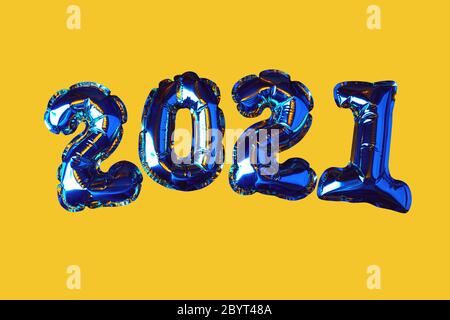 Golden Christmas Balls 2021. On the yellow background. New Year concept. Party decoration, anniversary sign for holidays, celebration, carnival Stock Photo