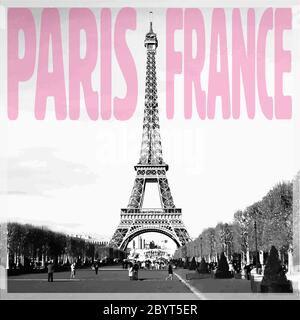 Paris France - Romantic card with pink quote and vectorized photo of Eiffel Tower in black and white Stock Vector