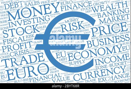 Euro word cloud with symbol of currency, blue text on white background Stock Vector