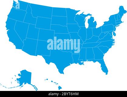 Blank map of United States of America divided into states. Simplified flat blue silhouette vector map on white background. Stock Vector