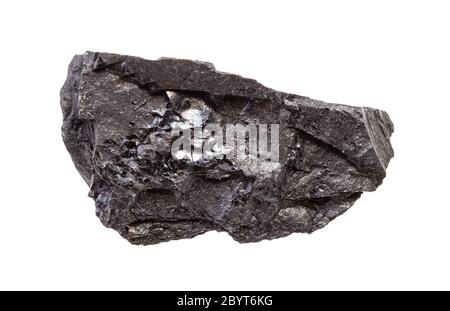 closeup of sample of natural mineral from geological collection - unpolished anthracite (hard coal) rock isolated on white background Stock Photo