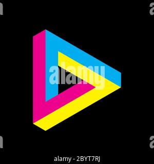 Penrose triangle icon in CMYK colors. Geometric 3D object optical illusion. Vector illustration. Printing studio theme. Stock Vector