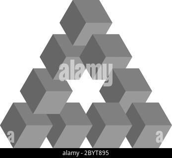 Impossible triangle in grey. 3D cubes arranged as geometric optical illusion. Reutersvard traingle. Vector illustration. Stock Vector