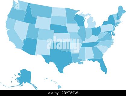 Blank map of United States of America, aka USA, divided into states in four shades of blue. Simple flat vector illustration on white background. Stock Vector