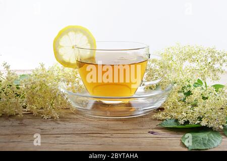 elderberry blossom tea with lemon and some flowers on a rustic wooden table against a white background, home remedy against cold and fever, copy space Stock Photo