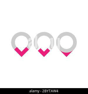 Set of three original map pointers - navigation pins. Simple flat vector objects in grey and pink. Stock Vector