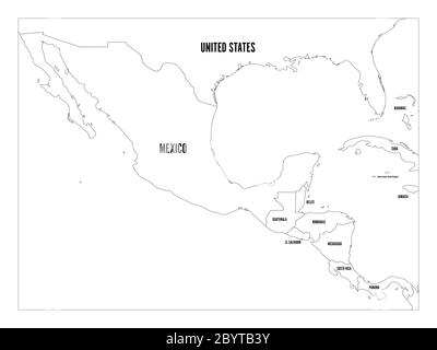 Political map of Central America and Mexico. Simple thin black outline vector illustration. Stock Vector