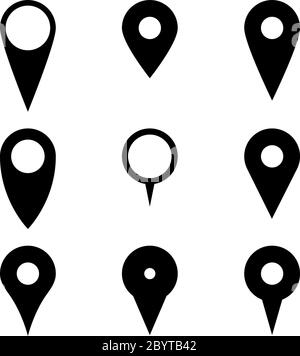 Set of various map pointers. Simple flat black vector objects. Stock Vector
