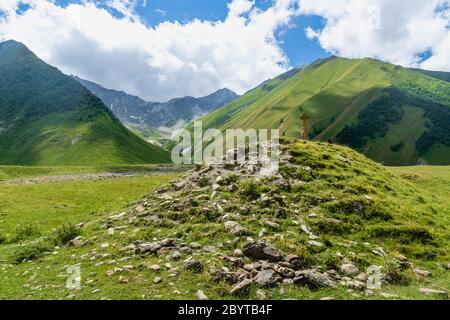 Truso Valley and Gorge trekking / hiking route landscape, in Kazbegi, Georgia. Truso valley is a scenic trekking route Stock Photo