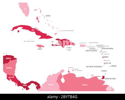 Central America and Caribbean states political map in four shades of maroon with black country names labels. Simple flat vector illustration. Stock Vector