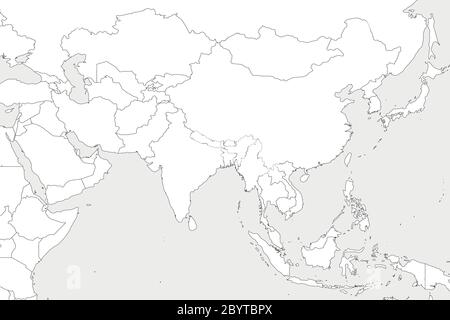 Blank political map of western, southern and eastern Asia. Thin black outline borders on light grey background. Vector illustration. Stock Vector