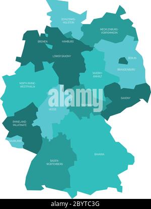 Map of Germany devided to 13 federal states and 3 city-states - Berlin, Bremen and Hamburg, Europe. Simple flat vector map in shades of turquoise blue. Stock Vector