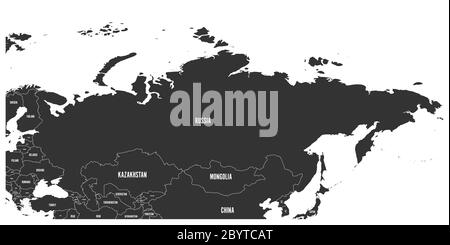 Political map of Russia and surrounding European and Asian countries.Dark grey map with white labels on white background. Vector illustration. Stock Vector