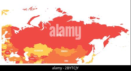 Political map of Russia and surrounding European and Asian countries. Four shades of orange map with white labels on white background. Vector illustration. Stock Vector
