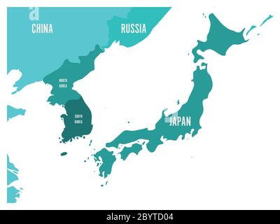Political map of Korean and Japanese region, South Korea, North Korea and Japan. Turquoise blue map with white labeling on white background. Vector illustration. Stock Vector
