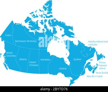 Map of Canada divided into 10 provinces and 3 territories. Administrative regions of Canada. Blue map with labels. Vector illustration. Stock Vector