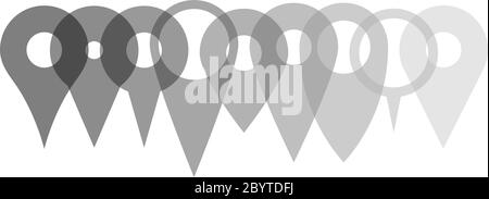Set of various map pointers arranged in a row, patly transparent and overlapping. Simple flat silhouette of vector objects. Stock Vector