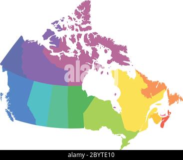 Map of Canada divided into 10 provinces and 3 territories. Administrative regions of Canada. Blank multicolored map. Vector illustration. Stock Vector