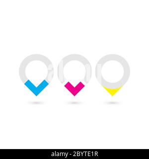 Set of three original map pointers - navigation pins. Simple flat vector objects in grey, cyan, magenta and yellow. Stock Vector