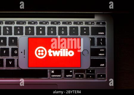 The Twilio logo is seen on a smartphone. Twilio is a cloud communications platform as a service company based in San Francisco, California. Stock Photo