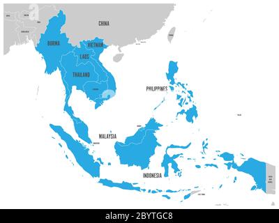 ASEAN Economic Community, AEC, map. Grey map with blue highlighted member countries, Southeast Asia. Vector illustration. Stock Vector