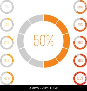 Set of ring pie charts with percentage value. Performance analysis in percent. Modern vector grey-orange infographic graph elements. Stock Vector