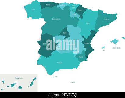 Map of Spain devided to 17 administrative autonomous communities. Simple flat vector map in shades of turquoise blue. Stock Vector
