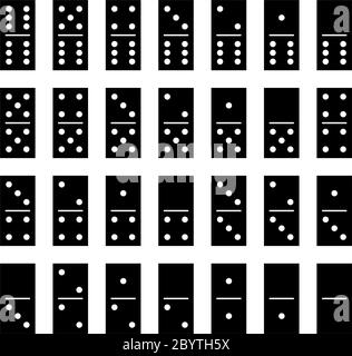 Domino set of 28 tiles. Black pieces with white dots. Simple flat vector illustration. Stock Vector