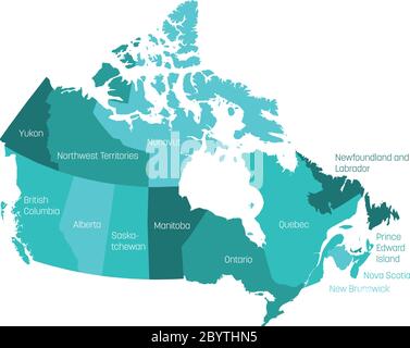 Map of Canada divided into 10 provinces and 3 territories. Administrative regions of Canada with labels. Vector illustration. Stock Vector