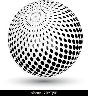 Halftone effect sphere in black and white. Vector 3D object with dropped shadow. Stock Vector