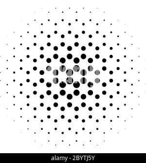 Abstract halftone circle of dots in radial hexagonal. Black and white vector illustration element. Stock Vector