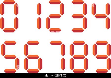 Red 3D-like digital numbers. Seven-segment display is used in calculators, digital clocks or electronic meters. Vector illustration. Stock Vector