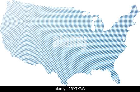 Map of United States of America in halftone style. Blue halftone dots in radial composition with centre in the north-east on white background Stock Vector