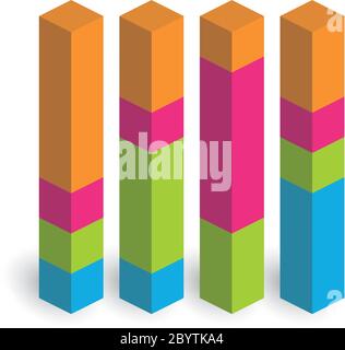Stacked bar chart of 4 columns. 3D isometric colorful vector graph. Stock Vector
