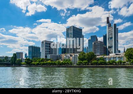 Frankfurt, Germany - July 2019:  city skyline and the river of Frankfurt am Main in summer Stock Photo