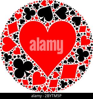 Mosaic circle of poker playing card suit with large red heart suit in the middle. Flat vector illustration on white background Stock Vector