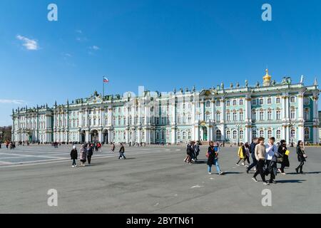St Petersburg, Russia - April 5, 2019. State Hermitage Museum at the Palace Square in Saint Petersburg, the second-largest art museum in the world.