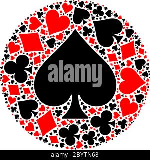 Mosaic circle of poker playing card suit with large black spade suit in the middle. Flat vector illustration on white background Stock Vector