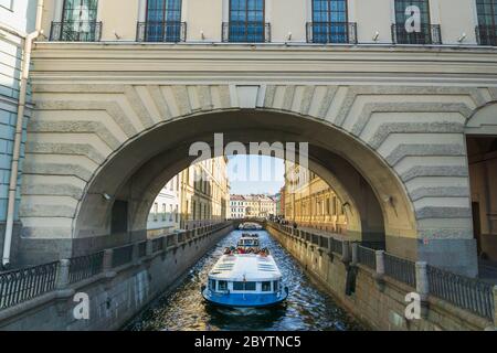 Saint Petersburg, Russia - August 5, 2015: Saint Petersburg river cruise passenger ships floating on canal in summertime in Russia Stock Photo