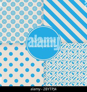 Restaurant or bistro theme. Blue stripes, dots, cutlery and other shapes. Seamless vector pattern background set. Stock Vector