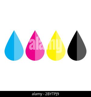 Ink drops in CMYK colors - cyan, magenta, yellow, key. Print design element theme. Simple flat vector illustration. Stock Vector