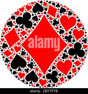 Mosaic circle of poker playing card suit with large red diamond suit in the middle. Flat vector illustration on white background Stock Vector
