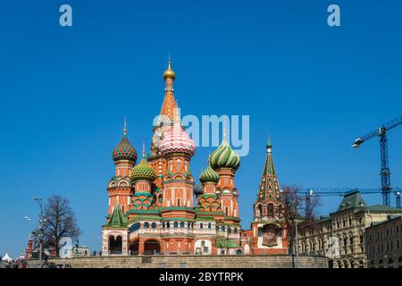 Moscow, Russia - April 2018: St Basil’s Cathedral on Red Square in Moscow, Russia. St Basil’s temple is one of top tourist attractions of Moscow. Stock Photo